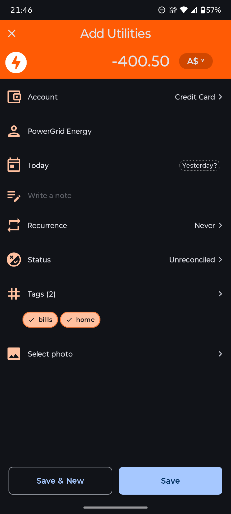 New transaction screen