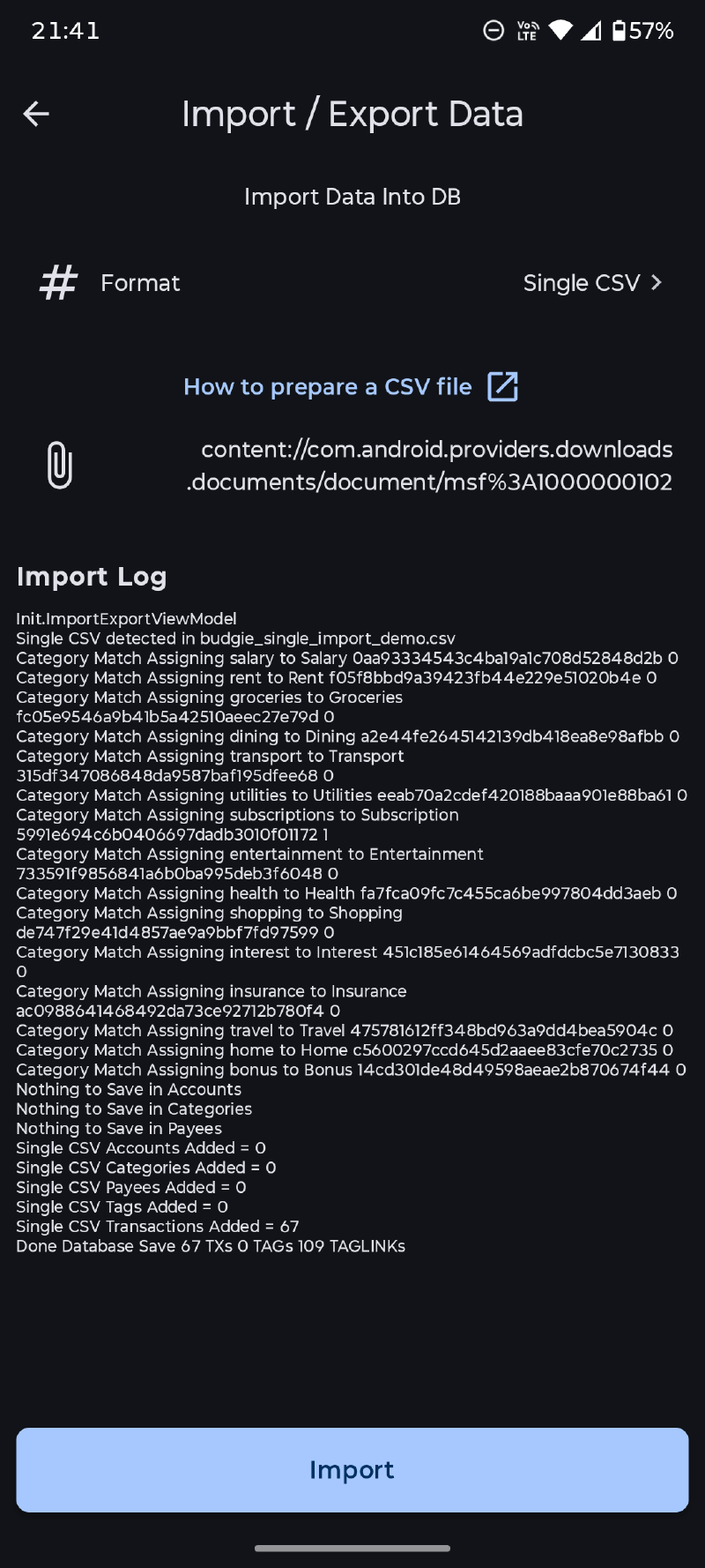 Ergebnis eines Datenimports